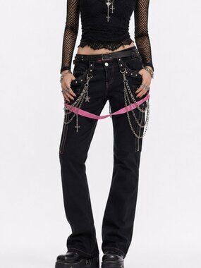 Vintage Y2K Tripp NYC Bondage Pants XS 3 Black Pink Zipper Stud Strapping Grunge
